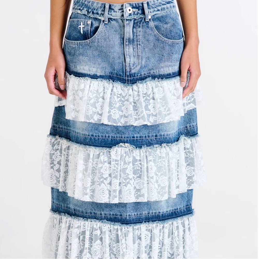 Free people denim skirt with lace